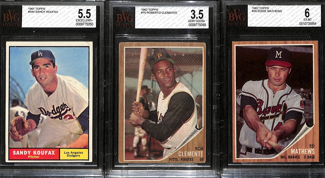 Lot of (7) Graded 1961 & 1962 Topps Baseball Cards w. 1961 Sandy Koufax BVG 5.5 & Roberto Clemente BVG 3.5